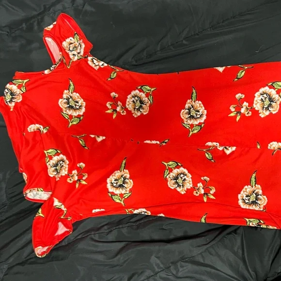 Coral/orange floral choker style, cold shoulder, mini dress. - Picture 2 of 3